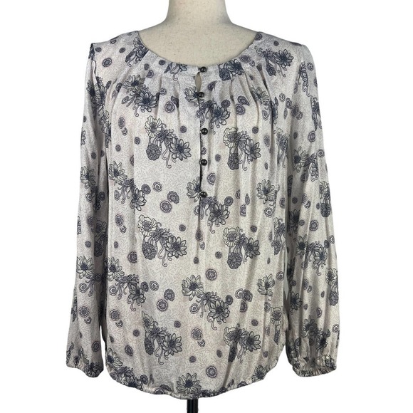 Lucky‎ BRAND BOHO LONG SLEEVE PLEATED HENLEY BLOUSON FLORAL TOP MULTI LARGE EUC - Picture 1 of 15